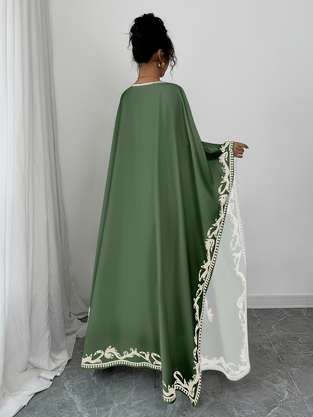 Casual Women's Middle Eastern Ethnic Print Loose Robe - Dark Green