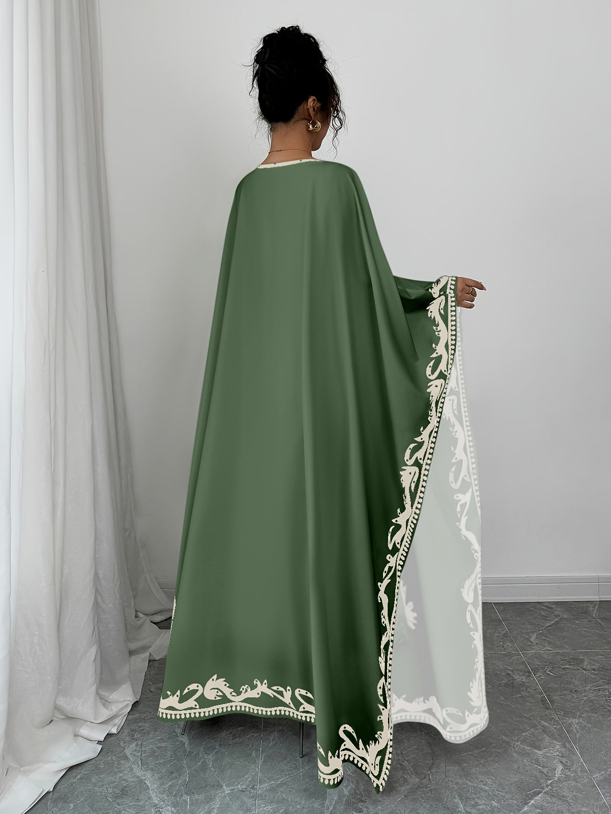 Casual Women's Middle Eastern Ethnic Print Loose Robe - Dark Green