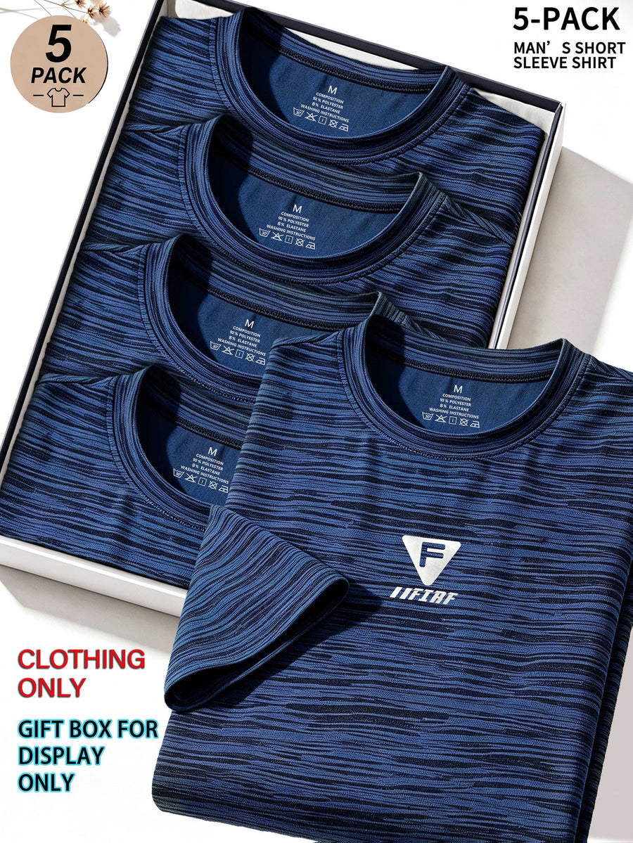 5pcs Men's Sports & Fitness Breathable Quick-Dry T-Shirts, Outdoor Travel Casual Running Printed Short-Sleeve Tees, Easy to Clean and Maintain, Lightweight T-Shirts for Daily Leisure and Gatherings, Classic Crew Neck Shirts - Dark blue-5PCS