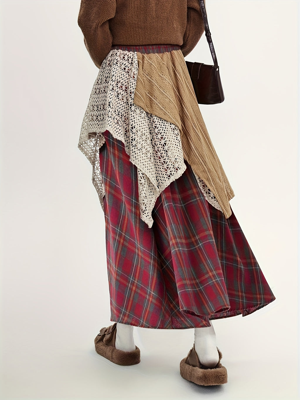 Autumn And Winter Midi Skirt in Ankhara Red, Featuring a Loose Elastic Waist, Flattering Long Design, And Irregular Color-Blocked A-Line Style - Brick Red