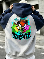 Men'S Color-Block Shoulder Ripped Zipper Hooded Sweatshirt, Vibrant Flame Tasmanian Devil The Devil Text Pattern Front And Back Print Style, Men'S Trendy Cardigan Hoodie, Loose Jacket, Pocket Design, Comfortable, Casual, Commute, Vacation, Premium - Navy Color
