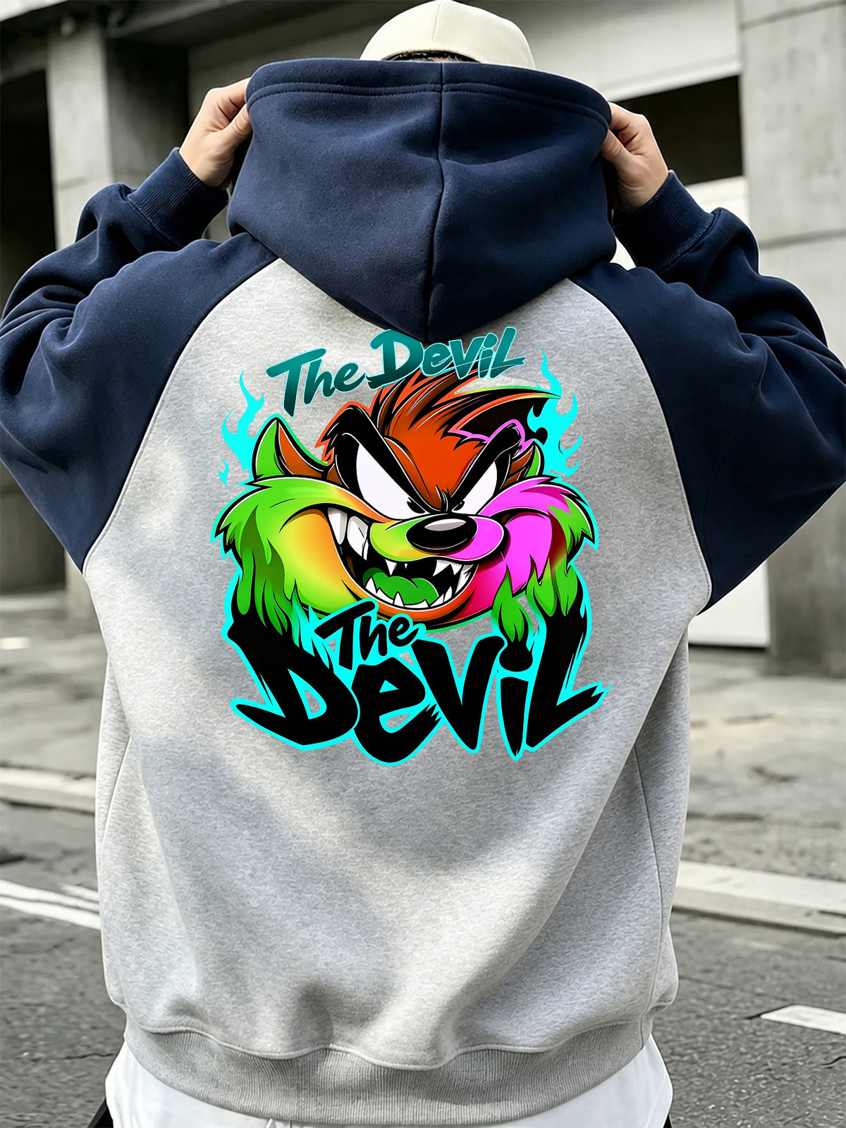 Men'S Color-Block Shoulder Ripped Zipper Hooded Sweatshirt, Vibrant Flame Tasmanian Devil The Devil Text Pattern Front And Back Print Style, Men'S Trendy Cardigan Hoodie, Loose Jacket, Pocket Design, Comfortable, Casual, Commute, Vacation, Premium - Navy Color
