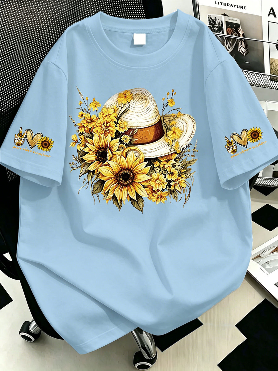 Plus Size, Plus-size Sunflower Print Round-neck Women's Casual Short-sleeve T-shirt, Suitable for Summer Vacations, Casual and Comfortable - Light Blue