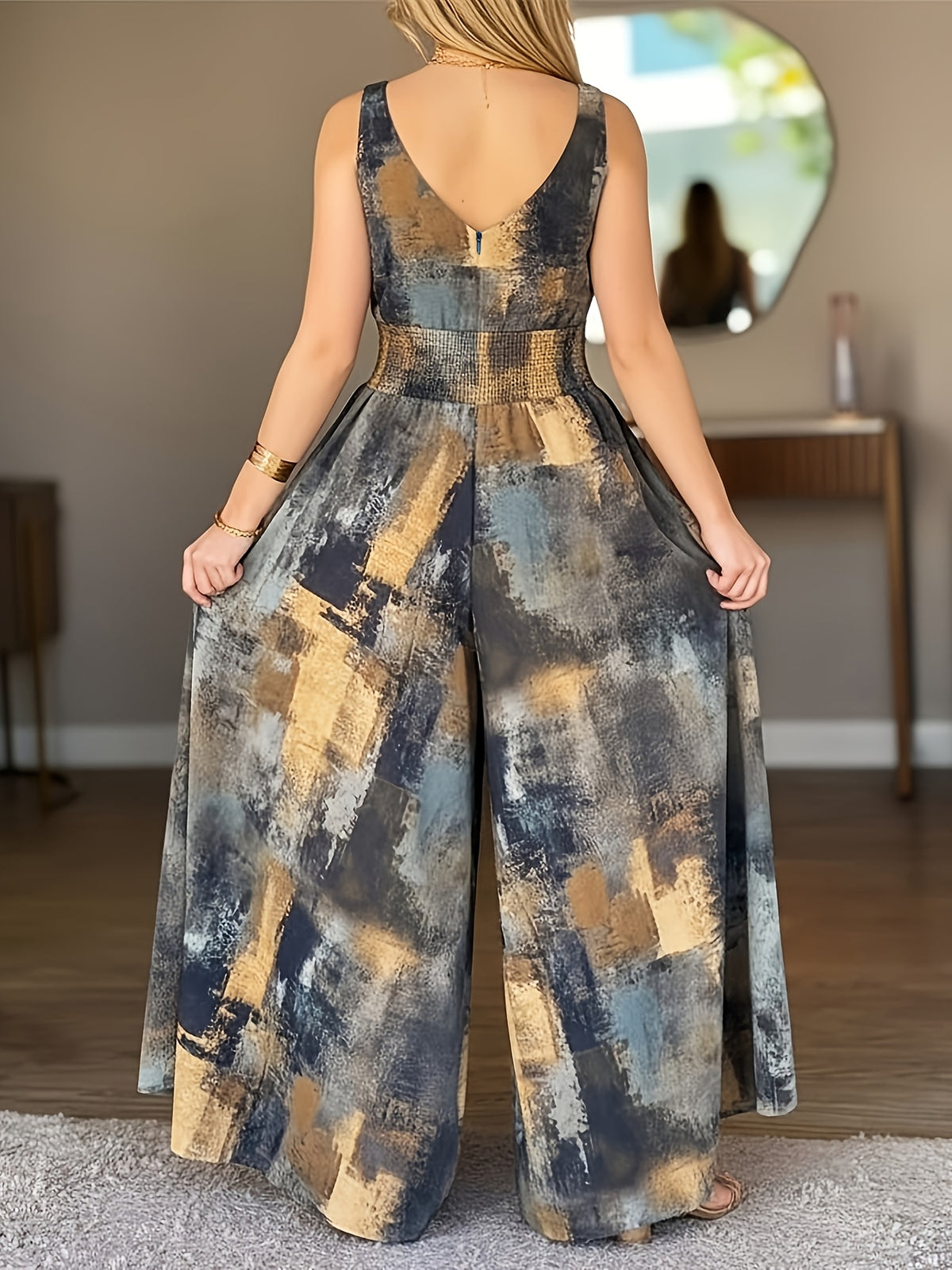 Cherry Latin American Women's Printed V-Neck Spaghetti Strap High-Waist Backless Jumpsuit, Casual Ruched Waist Cinched Wide-Leg Jumpsuit - Mixed colors