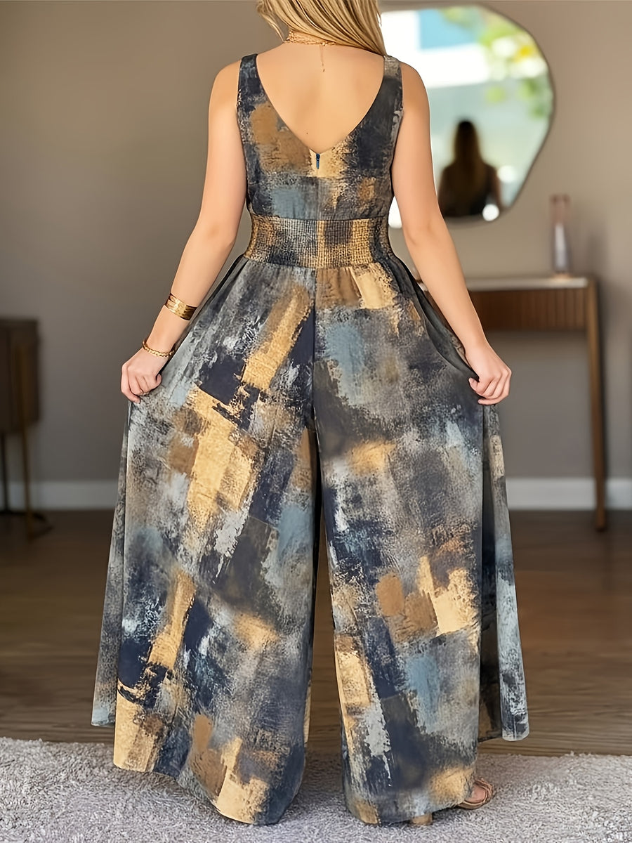 Cherry Latin American Women's Printed V-Neck Spaghetti Strap High-Waist Backless Jumpsuit, Casual Ruched Waist Cinched Wide-Leg Jumpsuit - Mixed colors