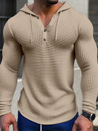 Men's Fashion Hoodie, Trendy Jacquard Knit Long-Sleeve Solid Color Vintage Drawstring Hooded T-Shirt, Casual, Suitable for Spring and Autumn, Ideal for Men's Daily and Vacation Wear - Apricot