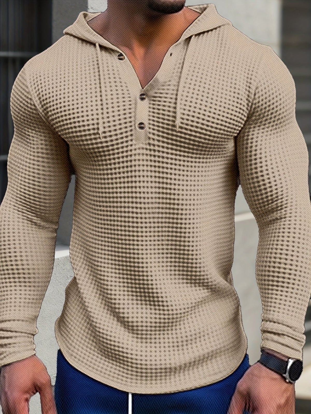 Men's Fashion Hoodie, Trendy Jacquard Knit Long-Sleeve Solid Color Vintage Drawstring Hooded T-Shirt, Casual, Suitable for Spring and Autumn, Ideal for Men's Daily and Vacation Wear - Apricot