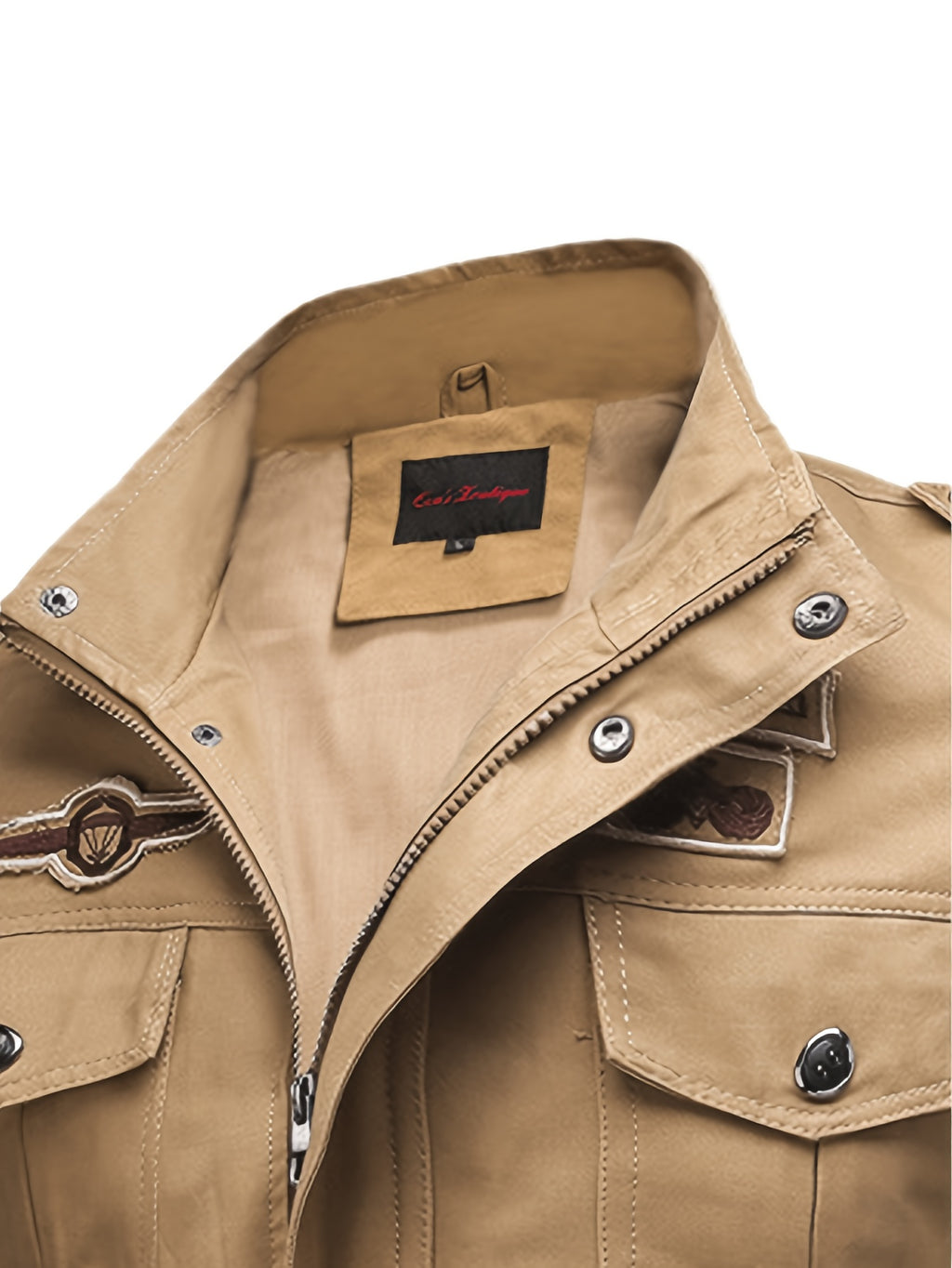 Men'S Vintage Cargo Bomber Jacket, Multi-Pocket Embroidered Stand Collar Autumn Winter Casual Coat - Khaki