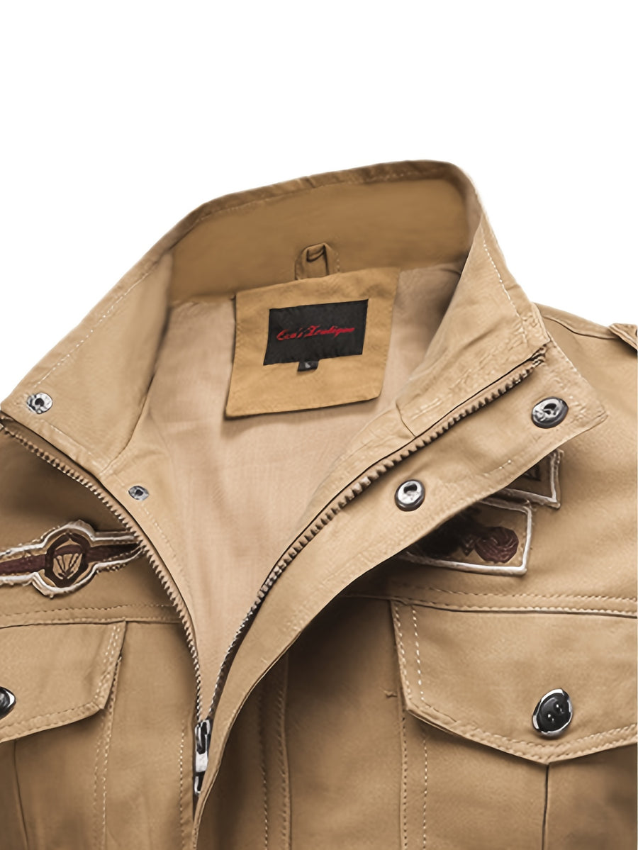 Men'S Vintage Cargo Bomber Jacket, Multi-Pocket Embroidered Stand Collar Autumn Winter Casual Coat - Khaki