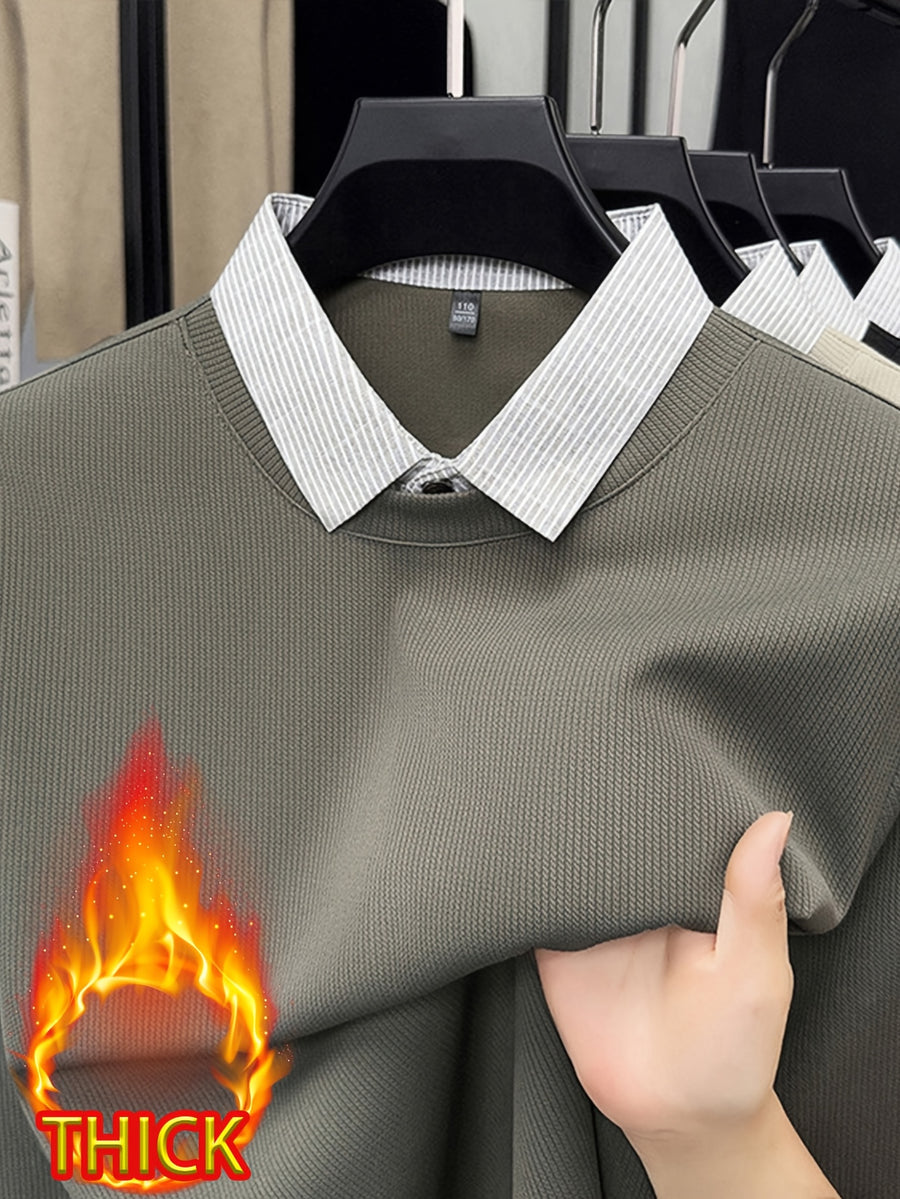 Men's -Lined Thickened 2-in-1 Look Long-Sleeve Sweatshirt, 2-in-1 Look Design, Knitted Body + Slim Striped Shirt Collar, Visually Like a Sweater with an Inner Shirt, Saves the Hassle of Matching - SINBOS - Khaki