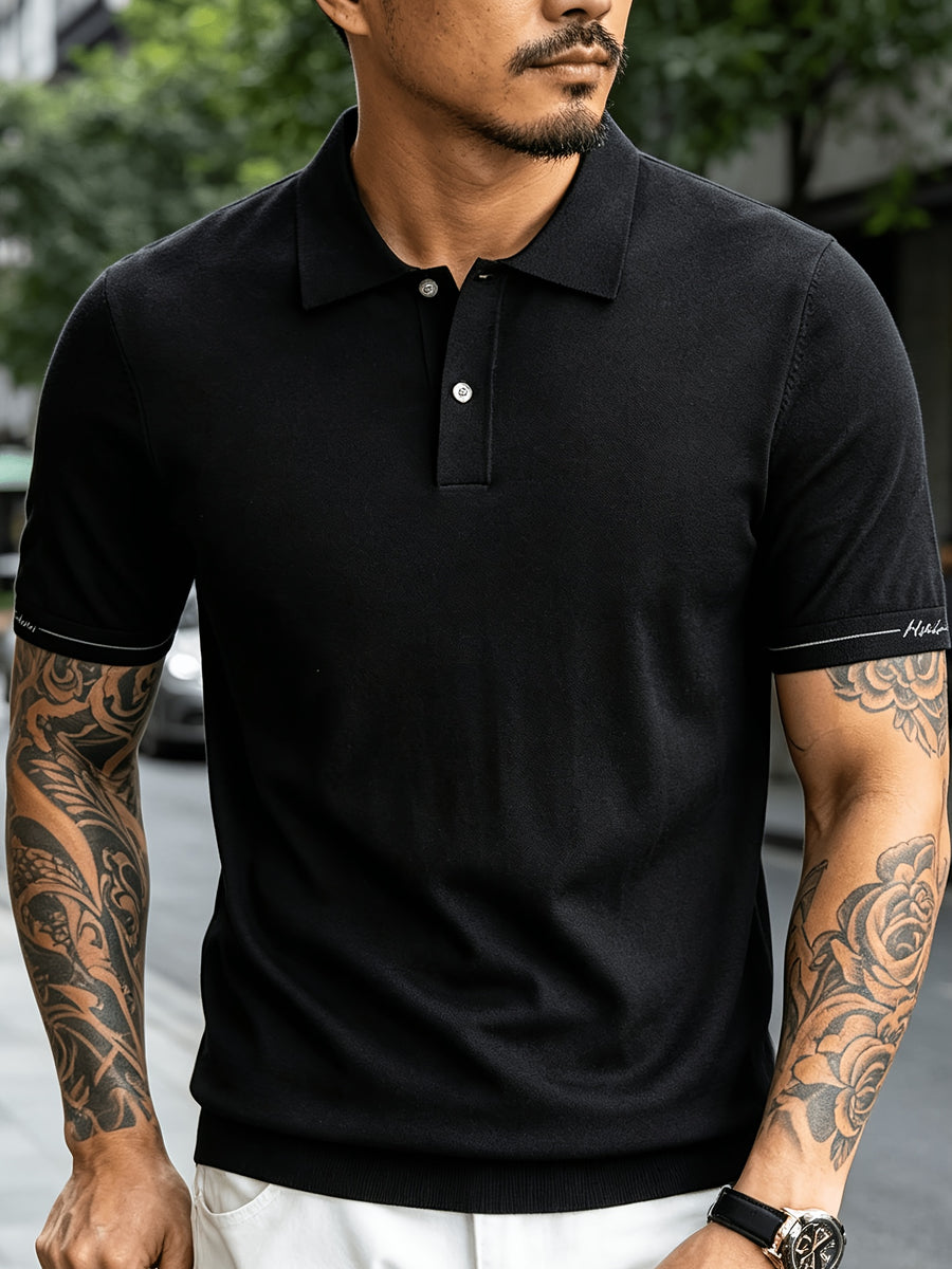 Men's Knitted Short-Sleeve Polo Shirt - Urban Street Scene Exterior Shot, Slim Fit, Lapel Collar, Two-Button, Business Casual Commuter Thin Top, Solid Color Knit Top with Embroidered Cuff Design - Black