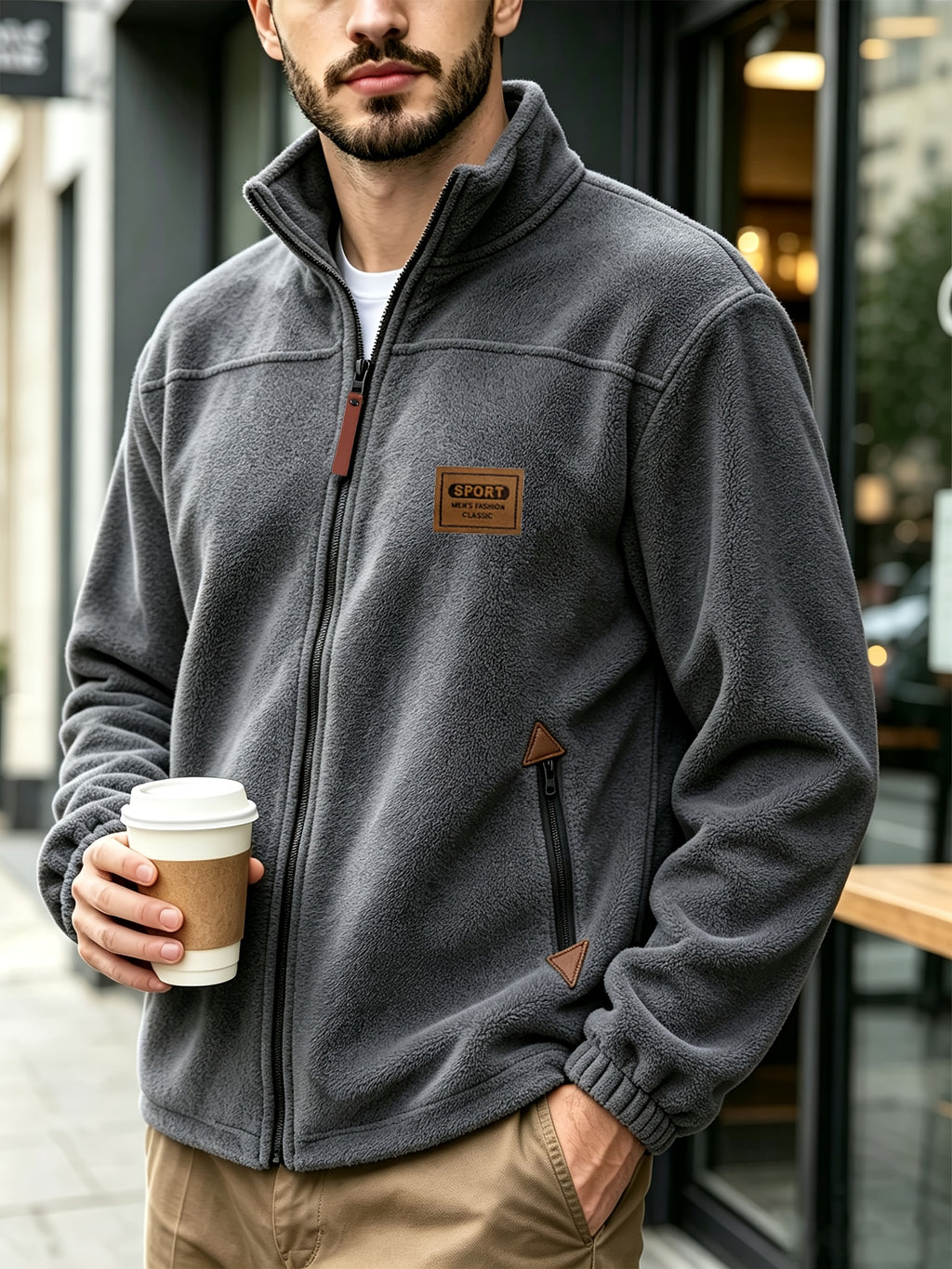 Men's Knitted Zip-Up Cardigan, Autumn/Winter Men's Jacket, Small Stand-Up Collar Design, Can Be Worn Alone or as a Layering Piece, Two-in-One Design with Pockets, Simple and Versatile, Men's Warm Sweater Cardigan - Grey