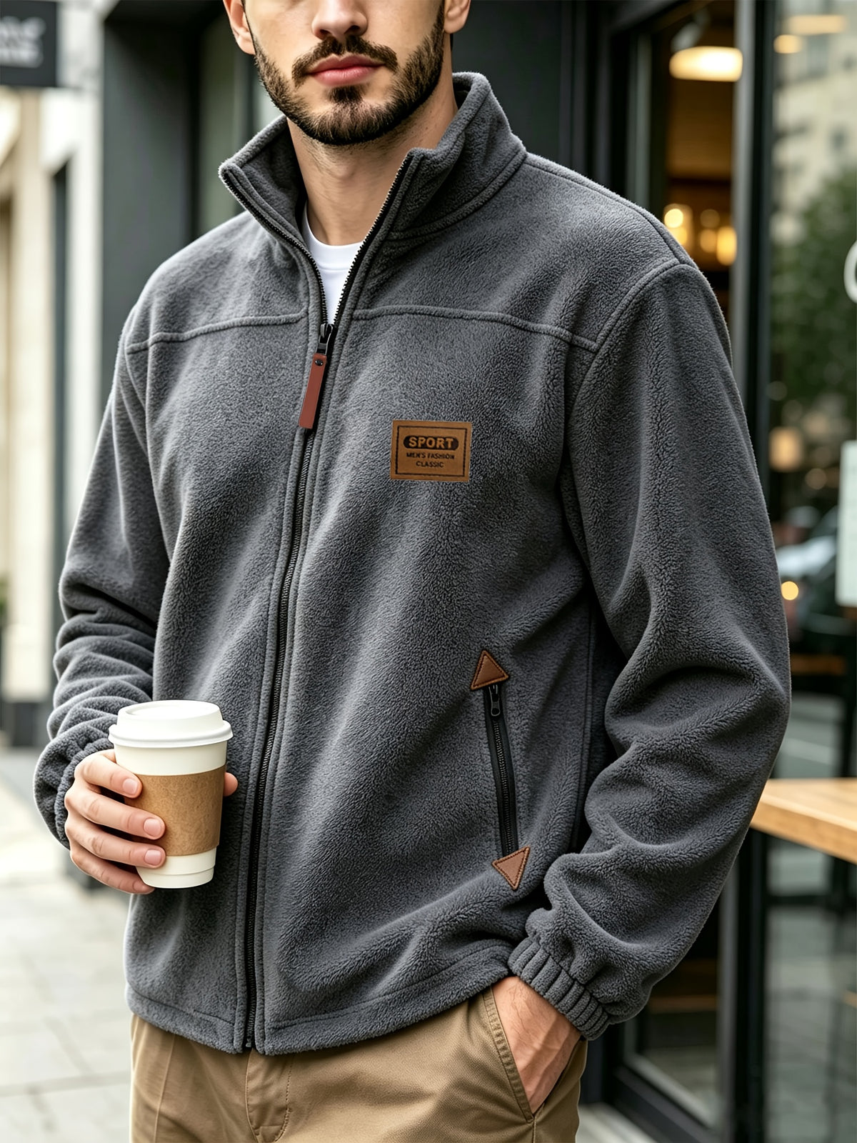 Men's Knitted Zip-Up Cardigan, Autumn/Winter Men's Jacket, Small Stand-Up Collar Design, Can Be Worn Alone or as a Layering Piece, Two-in-One Design with Pockets, Simple and Versatile, Men's Warm Sweater Cardigan - Grey