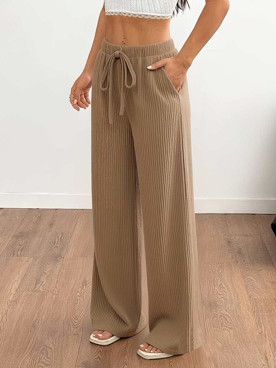 Spring/Autumn Women's Flowy Casual Straight-Leg Pants, Loose-Fit Breathable Wide-Leg Trousers with Faux Drawstring and Pockets, Comfortable and Versatile Summer Outdoor Pants - Khaki