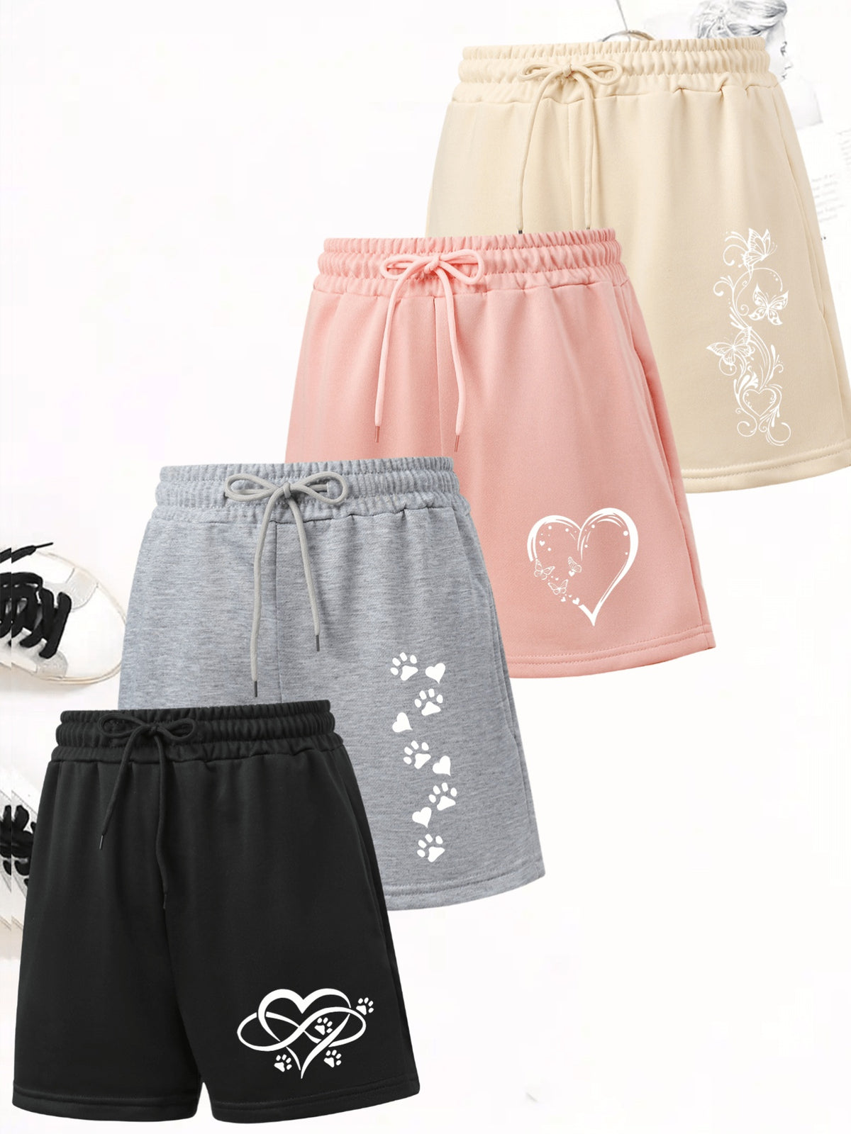 4pcs Women's Elegant Casual Jogger Shorts - Heart Paw Print, Drawstring Loose Fit Summer Vacation Sweatpants, Machine Washable - Black+grey+pink+apricot