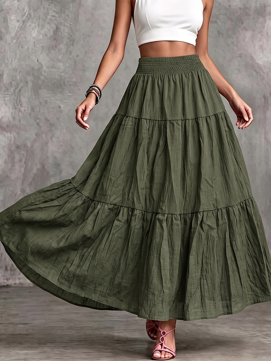 Women's Autumn Casual and Elegant Elastic Waistband Drawstring Skirt, Soft and Comfortable with a Pleated Texture, Made of -Linen Fabric - Olive Green