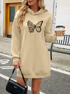 Women's Fashion Y Letter Print Hooded Sweatshirt Dress, Autumn/Winter High-End Stylish Streetwear Youthful -Lined Color-Block Hooded Sweatshirt, Casual Versatile Hoodie, Outerwear, Pullover, Long Sweatshirt, Elegant - Apricot