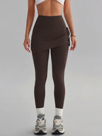Women'S Faux Two-Piece Pants, Easter New Style Trousers, Tie-String High-Waist Pleated Design, Breathable Comfortable Fabric, Suitable for Cycling, Fitness - Coffee Color