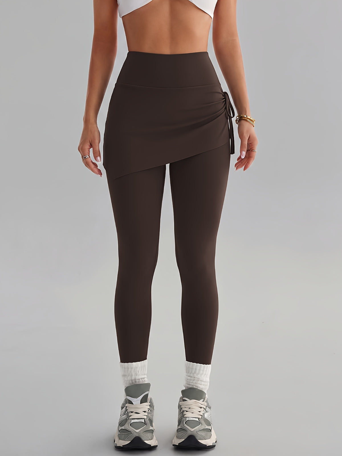 Women'S Faux Two-Piece Pants, Easter New Style Trousers, Tie-String High-Waist Pleated Design, Breathable Comfortable Fabric, Suitable for Cycling, Fitness - Coffee Color
