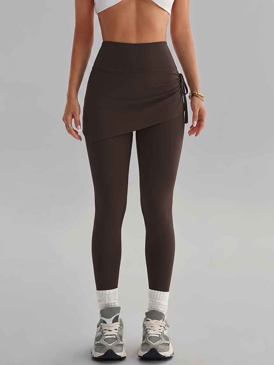 Women'S Faux Two-Piece Pants, Easter New Style Trousers, Tie-String High-Waist Pleated Design, Breathable Comfortable Fabric, Suitable for Cycling, Fitness - Coffee Color