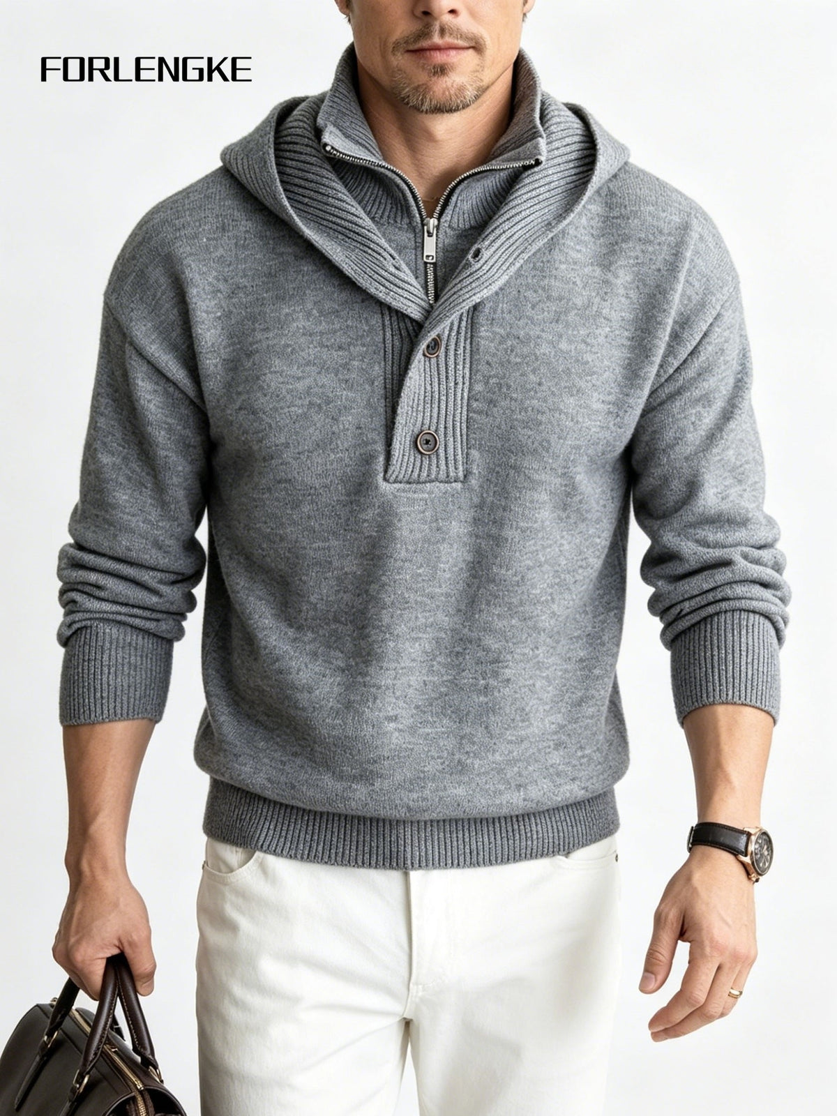 FORLENGKE Men'S Urban Wandering Commuter Style Hooded Half-Zip Knit Sweater, Adjustable Hood with Buckle, Heavy Knit for Temperature Fluctuations, Comfortable for Long Sitting, Suitable for Commuting, Exhibitions, Cafes, Social Gatherings - Light Grey