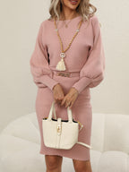 Women'S Ribbed Brown Sweater Dress with Puff Sleeves - Midi, Bodycon, Fall/Winter Style, No Belt, Crew Neck, Solid Color, Fall Winter Dress | Puff Sleeve Dress | Ribbed Texture - Light Purple