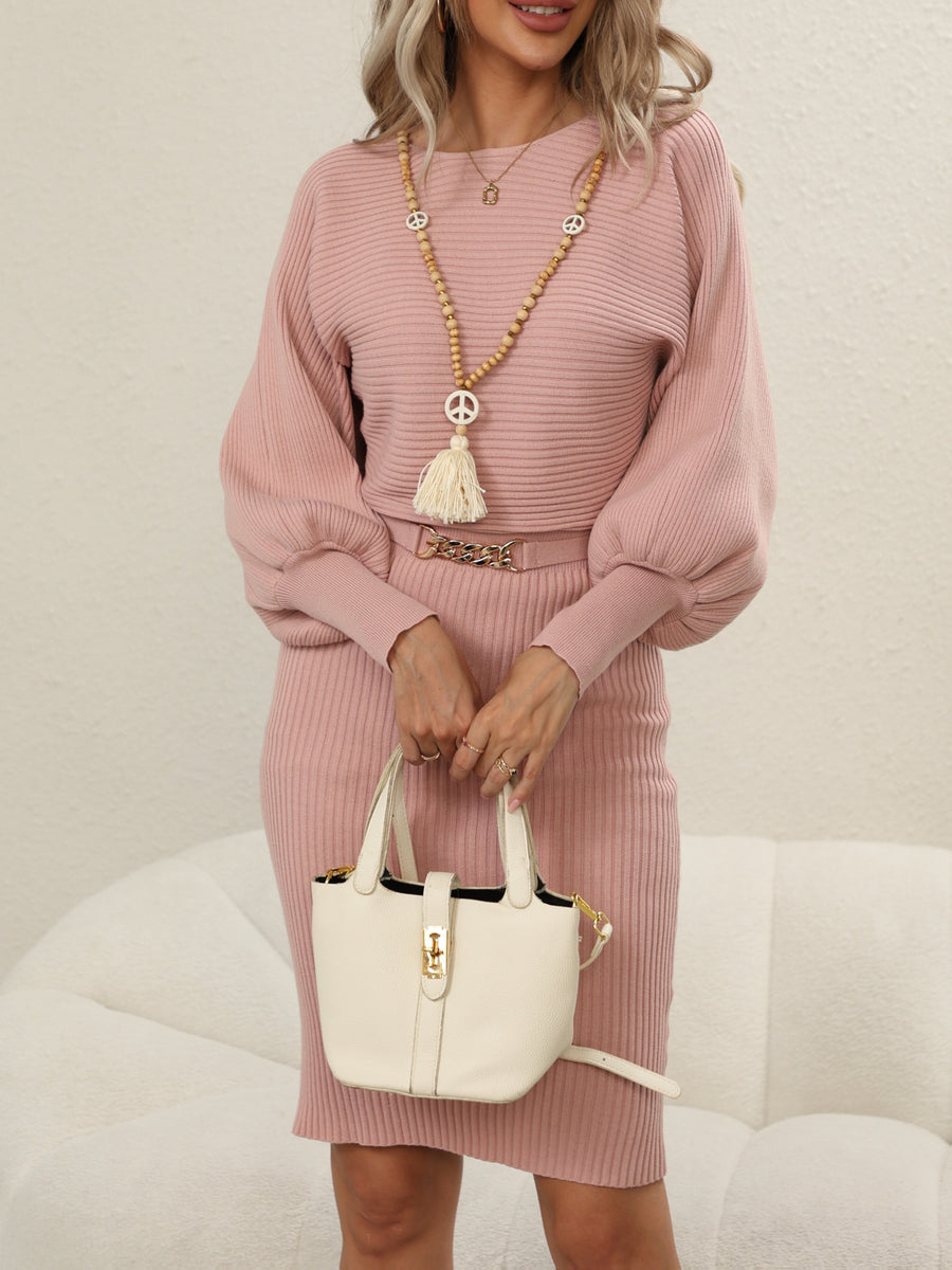 Women'S Ribbed Brown Sweater Dress with Puff Sleeves - Midi, Bodycon, Fall/Winter Style, No Belt, Crew Neck, Solid Color, Fall Winter Dress | Puff Sleeve Dress | Ribbed Texture - Light Purple