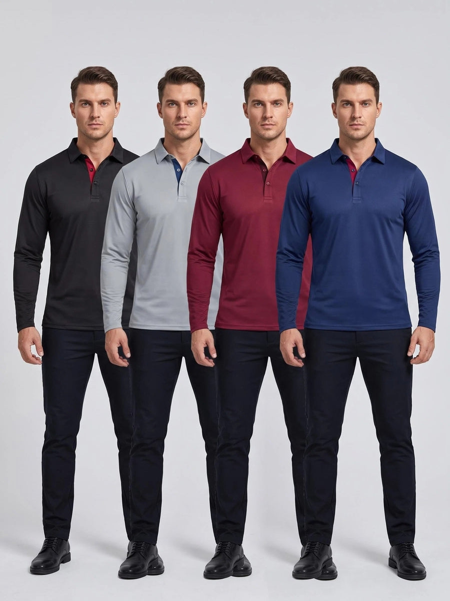 4pcs Set of New Men'S Thin Long-Sleeve Polo Shirts, 100% Fiber Fabric, Multi-Color Available, Classic Color-Block Design, Versatile And Fashionable, Men'S Golf Shirt, Polo Shirt, Polo Collar, T-Shirt, Sportswear, Knit - Black + Cyan + Gray + Red