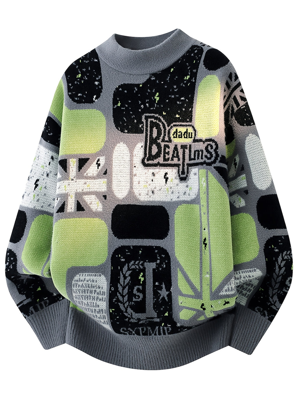Youthful Street Style Pullover Sweater with  Letter Geometric Pattern, Trendy Knit Top for Men, Suitable for Layering or Wearing Alone - Grey