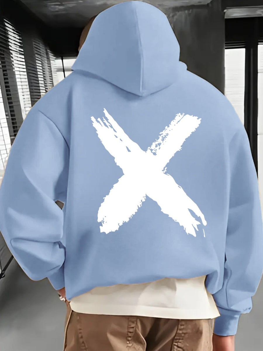 Men's Fashionable Hoodie, Loose-fit Casual Top with "X" Letter Print, Long-sleeve Sweatshirt Featuring a Kangaroo Pocket, Made of Casual Polyester Knit Fabric, Machine Washable, Suitable for Outdoor Casual Wear - Light Blue