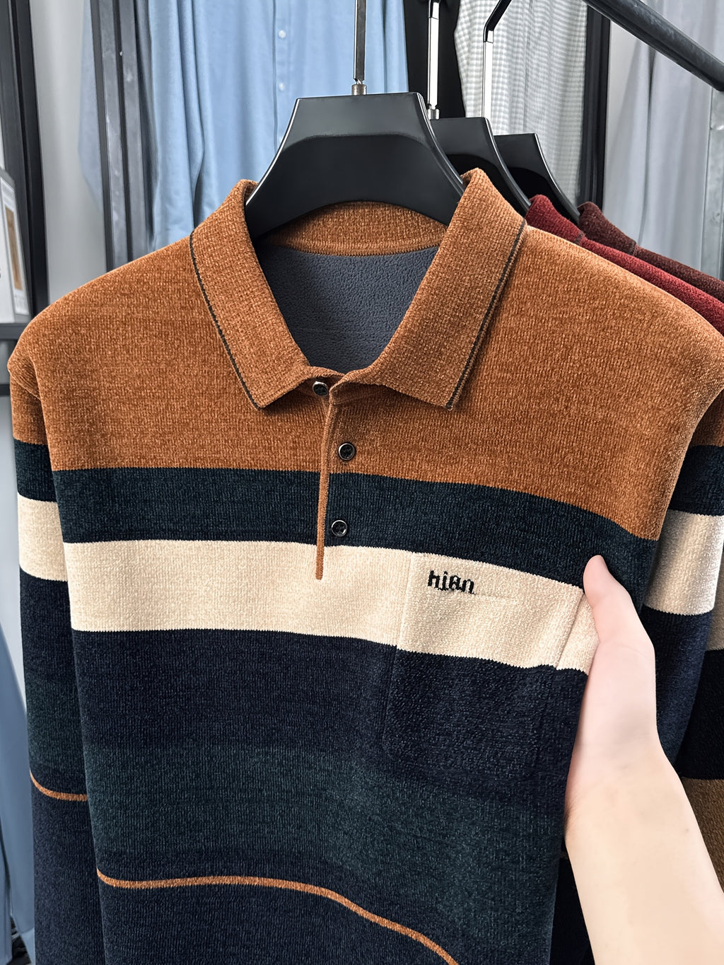 New Men's Color-Block Knit Pullover Autumn/Winter Warm Casual Polo Sweater - Brown