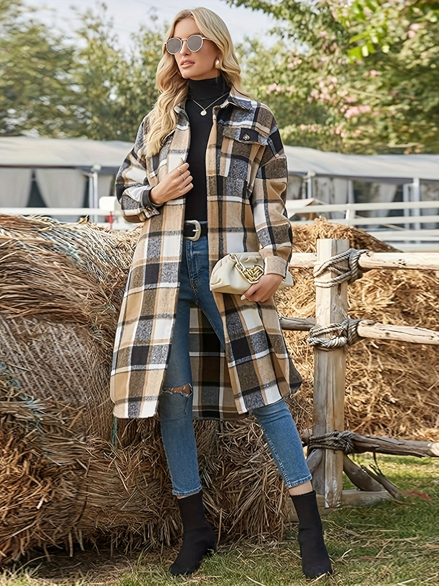 Plaid Button Front Trench Coat, Vintage Long Sleeve Outwear For Fall & Winter, Women's Clothing - Khaki
