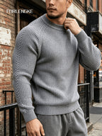 FORLENGKE Men's Vintage Crew Neck Sweater with Cable Knit Sleeves, Heavy Thick Pullover for Fall and Winter, Loose and Casual Fit for Young and Middle-Aged Men, Perfect for Daily Wear, Commuting, Street Style, Layering, Available in Multiple Colors - Grey