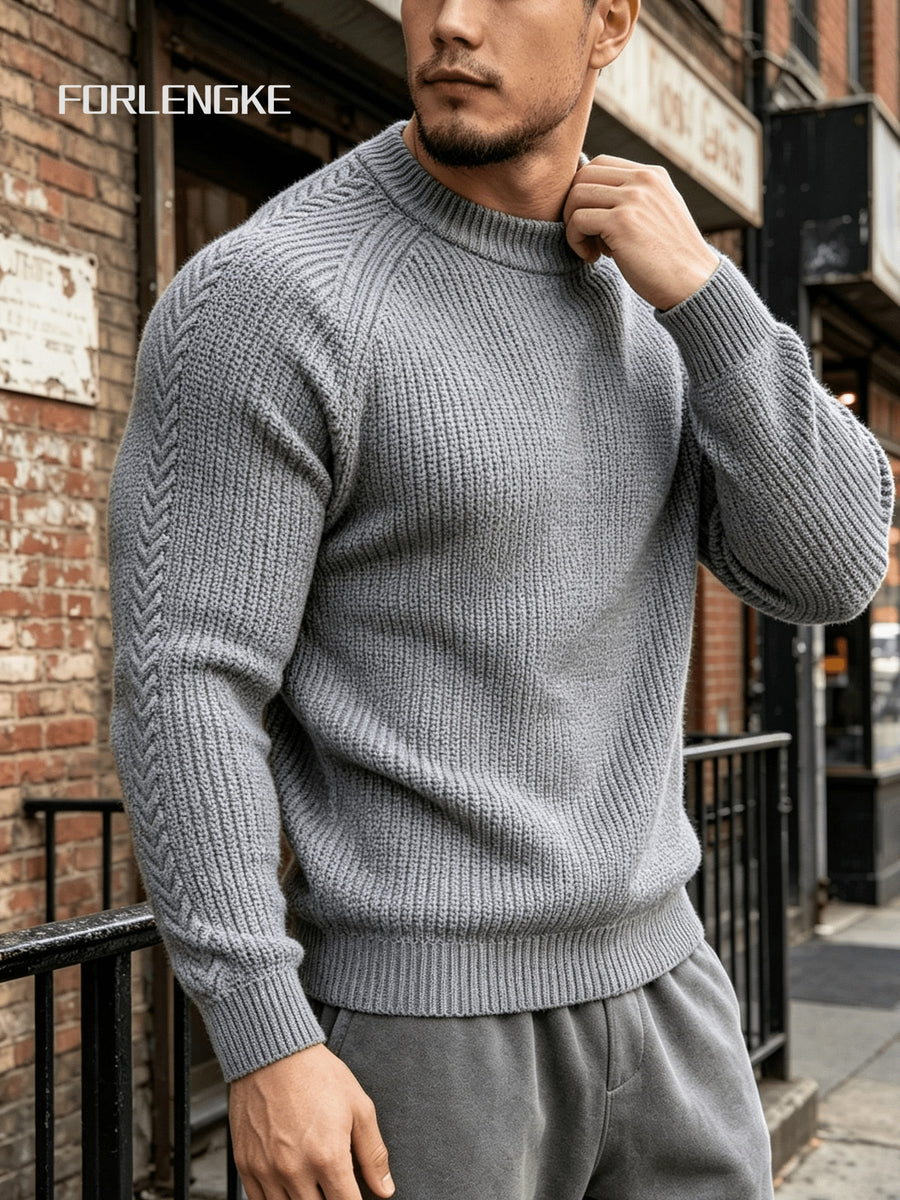 FORLENGKE Men's Vintage Crew Neck Sweater with Cable Knit Sleeves, Heavy Thick Pullover for Fall and Winter, Loose and Casual Fit for Young and Middle-Aged Men, Perfect for Daily Wear, Commuting, Street Style, Layering, Available in Multiple Colors - Grey