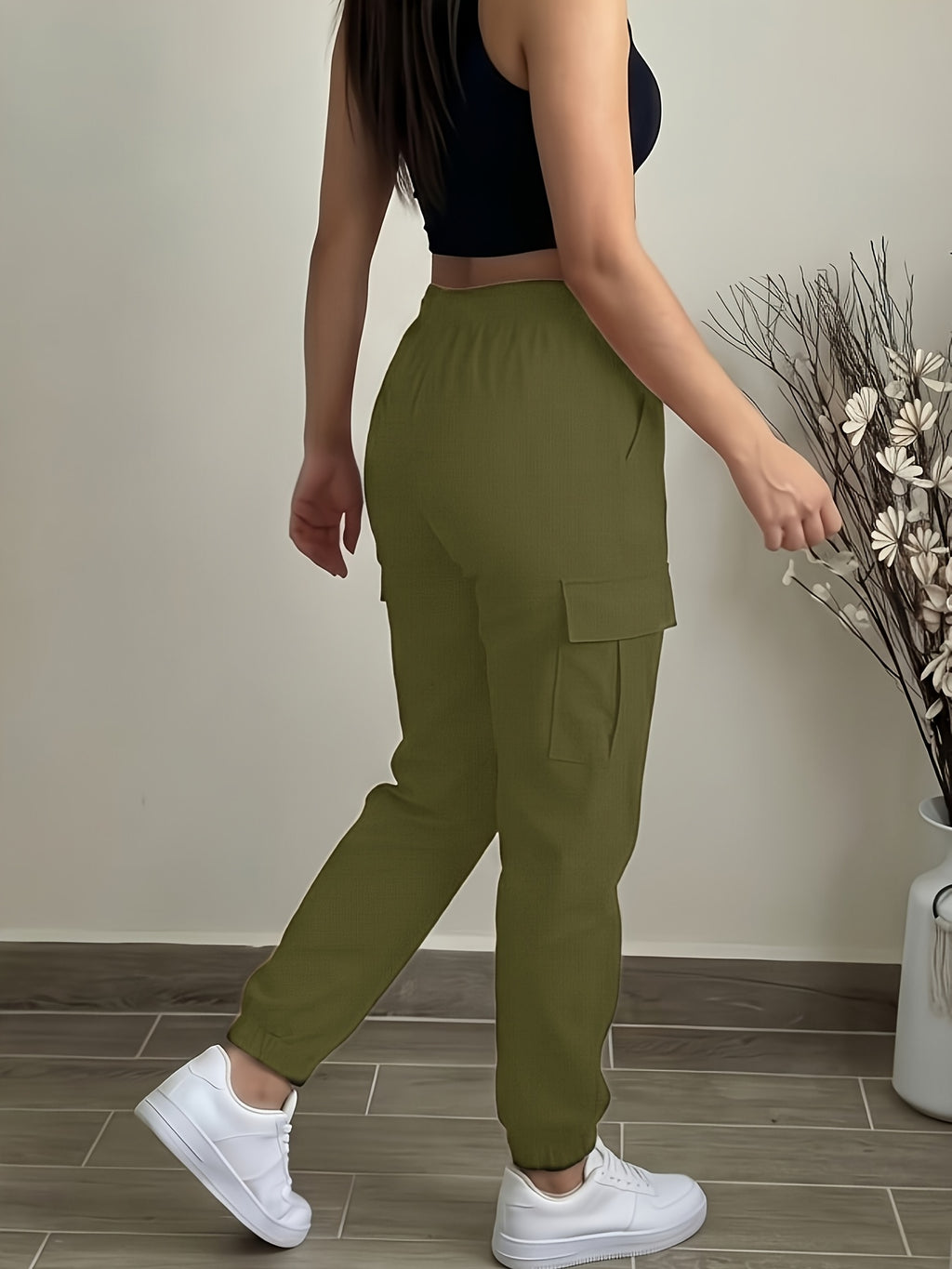 Women'S Pocket Drawstring Cargo Pants. Summer Sports Long Pants with Elastic Cuffs Stretchy Casual Fitness Yoga Joggers for Running. Outdoor Cycling - Olive Green