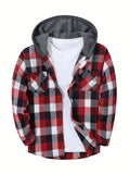 Men'S Plaid Hooded Sweatshirt Flannel Shirt Jacket Long Sleeve Casual Fashion Button-Up Shirt - Red-white-gray