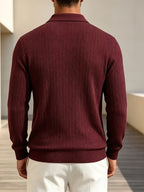 2026 New Men's Long-Sleeve Polo Shirt, Jacquard Texture Lapel Top, Casual Three-Button Knitted Business Versatile Long-Sleeve T-Shirt - Burgundy