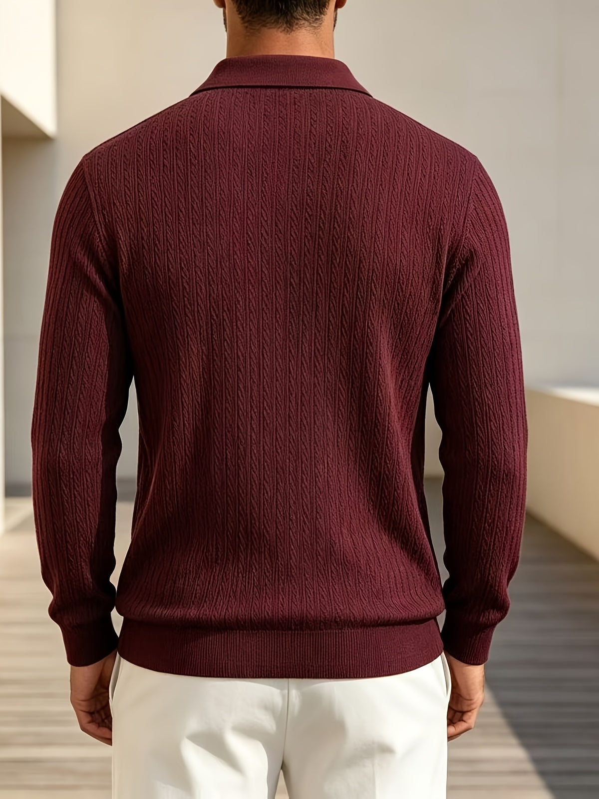 2026 New Men's Long-Sleeve Polo Shirt, Jacquard Texture Lapel Top, Casual Three-Button Knitted Business Versatile Long-Sleeve T-Shirt - Burgundy