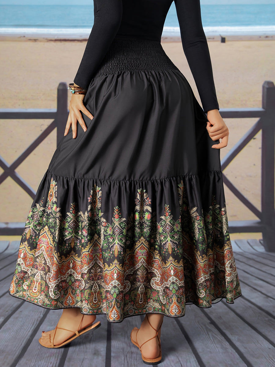 Flower Print Gathered Maxi Skirt - Black