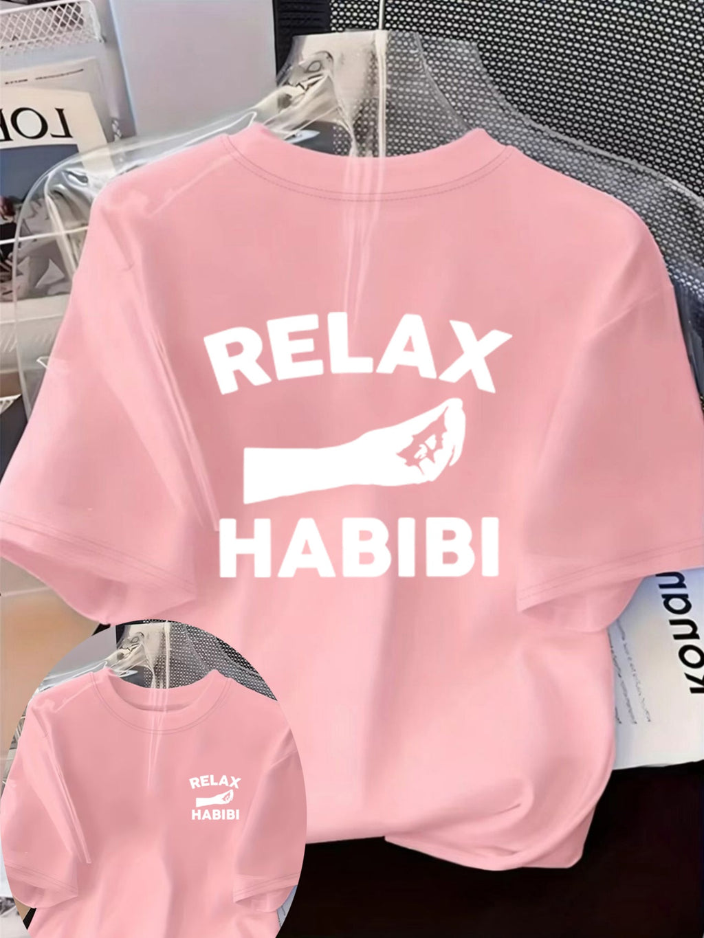 Front And Back Printed Women'S Fashion Base Print T-Shirt, Soft And Versatile, Casual Style Printed Pattern with RELAX HABIBI Lettering And Hand Gesture Design Printed Short Sleeve T-Shirt, Suitable for Casual Wear, Fashion All-Season Top - Pale Pinkish Gray