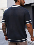 Men's Polo Shirt, Knitted Short Sleeve, Summer, Hollow-Out Breathable Color-Block Top, Suitable for All Occasions - Navy Color