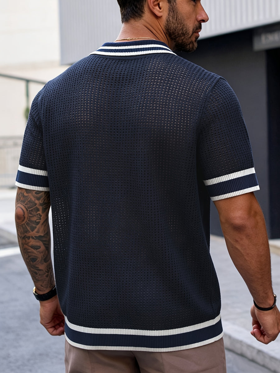 Men's Polo Shirt, Knitted Short Sleeve, Summer, Hollow-Out Breathable Color-Block Top, Suitable for All Occasions - Navy Color