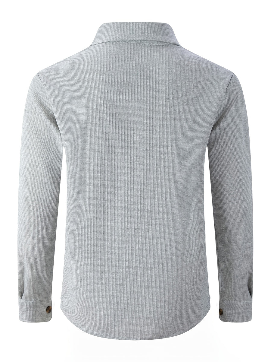 Men'S Waffle Knit Long Sleeve Button-Up Shirt, Casual Lapel Workwear with Chest Pocket, Lightweight And Breathable Daily Top, Autumn Menswear - Grey
