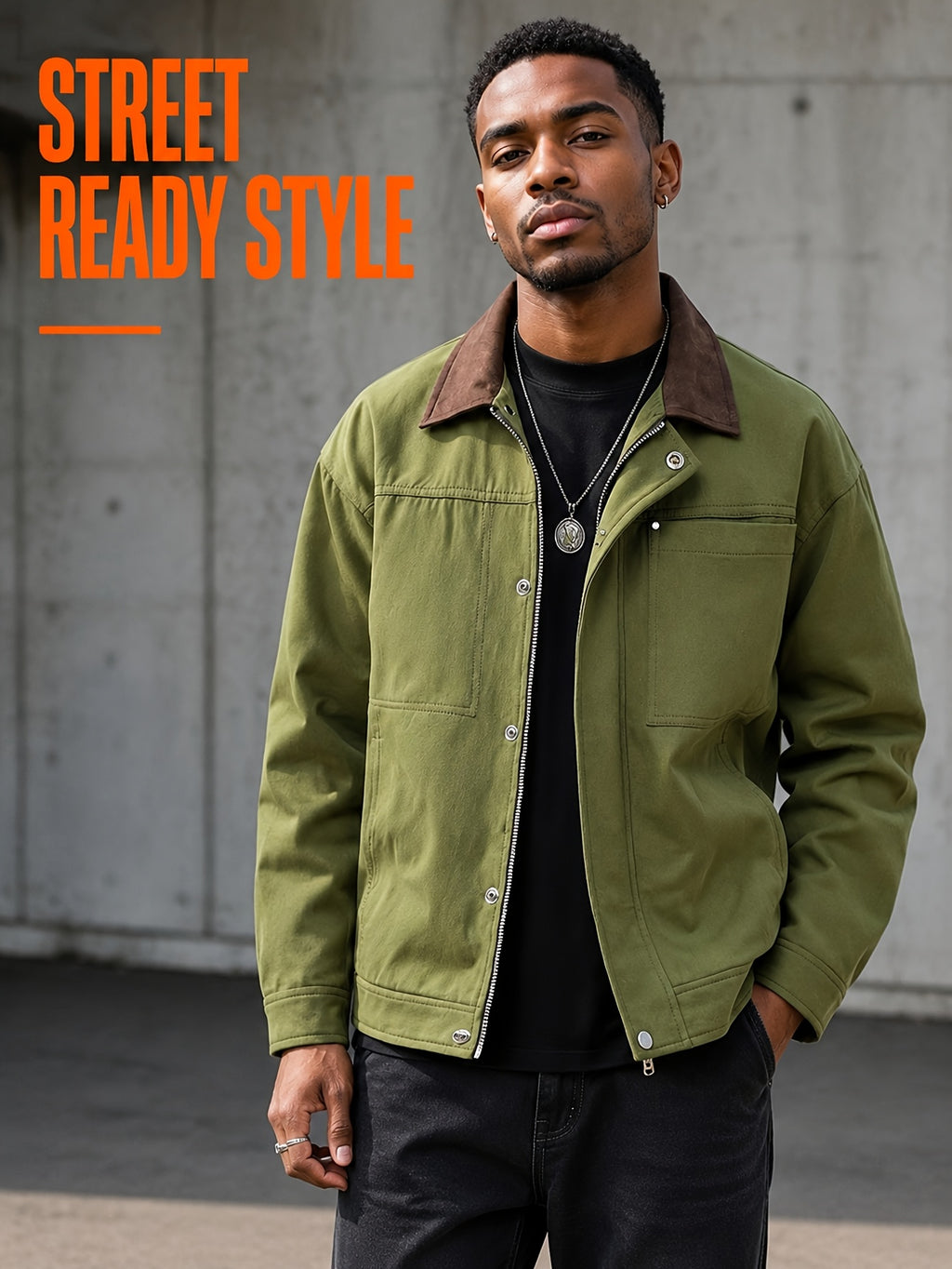 Men'S Color-Block Collar Cargo Jacket, Zipper Button-Front Double Breasted, Multi-Pocket Chest, Drop Shoulder Loose Short Retro Streetwear Coat - Olive