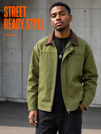 Men'S Color-Block Collar Cargo Jacket, Zipper Button-Front Double Breasted, Multi-Pocket Chest, Drop Shoulder Loose Short Retro Streetwear Coat - Olive