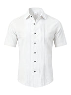 Men's Solid Color Button-Up Lapel Collar Short Sleeve Shirt - Breathable Textured Linen Button-Front Collar Shirt Suitable for Beach, Casual & -Casual Wear, Summer Office Outfits - Non-Stretch Button Collar - White