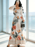 Women's Dress, Fashionable Printed Long Sleeve Dress, Mesh Patchwork Holiday Evening Gown, Women's Long Dress ASD1 - Red