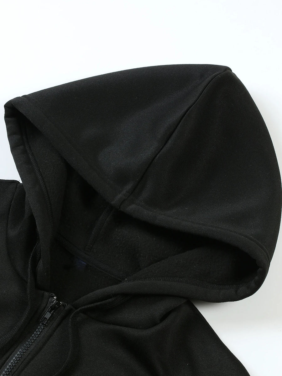 Everyday Casual Zip-Up Hooded Cardigan Jacket, Officially Licensed Warner Bros. DC Batman with Classic Bat Logo, Paired with Vintage "BOOM" Onomatopoeic Fun Lettering Font, Featuring Multiple Dark Hero-Style Prints on the Garment, a Simple and Cool - Black
