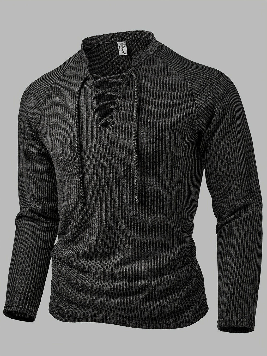 Men'S Fashion Top, Autumn Winter Outdoor Casual Textured Ribbed Fabric V-Neck Tie-Front Drop Shoulder Sleeve Men'S Henley Shirt - Dark Gray