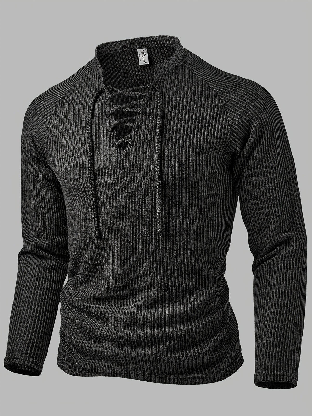 Men'S Fashion Top, Autumn Winter Outdoor Casual Textured Ribbed Fabric V-Neck Tie-Front Drop Shoulder Sleeve Men'S Henley Shirt - Dark Gray